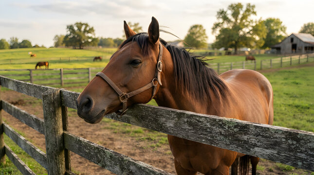 A brown horse resting its head on a weathered wooden fence in a lush green pasture with a barn in the distance