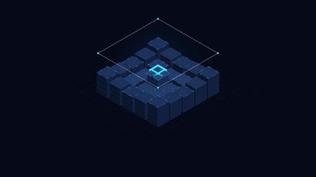 Isometric Data Blocks Animation with Glowing Tech Grid Interface