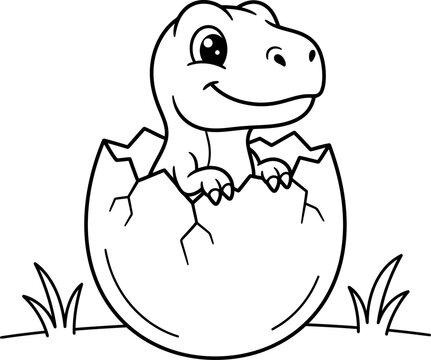 Cute baby dinosaur hatching from an egg black and white line art illustration for children coloring book