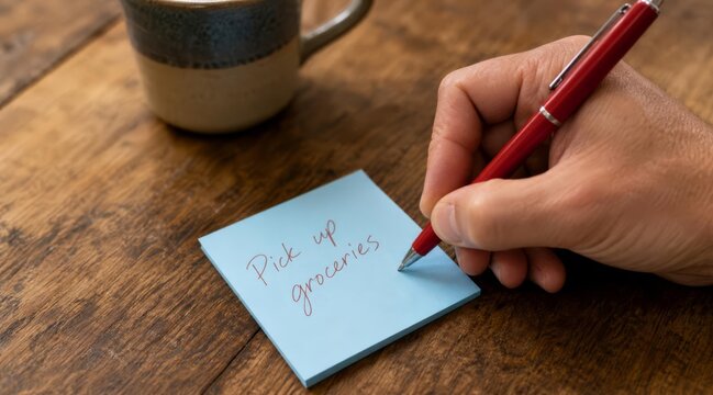Hand writing with red pen on light-blue sticky note