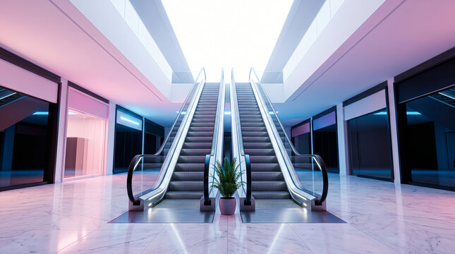 Modern shopping mall interior with symmetrical escalators and bright lighting