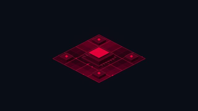 Abstract digital chip processing data in a futuristic isometric network