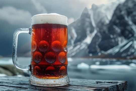 beer glass standing in front of a view of rocky mountains
