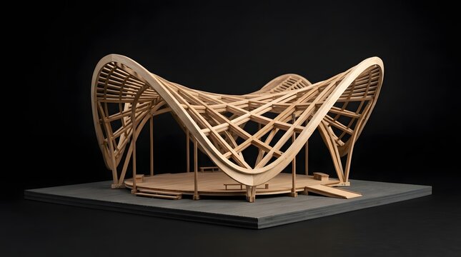 Intricate wooden architectural model featuring a complex hyperbolic paraboloid roof structure crafted with precision on a dark gray platform base