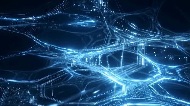 Glowing hexagonal grid pulses with flowing digital lines and light particles on a dark background. Animated scene combines hexagonal shapes and lines with glowing light.