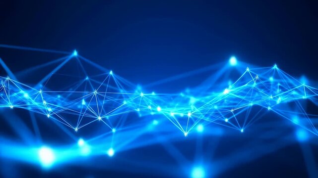 Flowing digital network mesh with glowing blue nodes connected by shifting lines on a dark gradient background. Animated scene combines points of light and lines with layered visual depth.