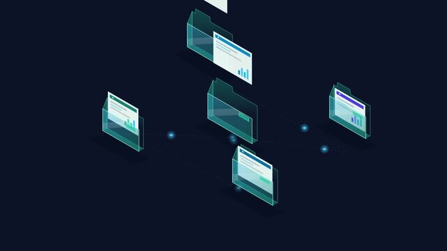 Digital Data Folders Connecting In A Network On Dark Background