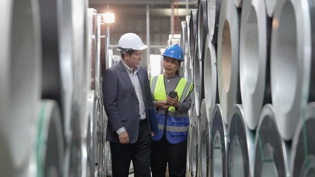 Two engineers inspect large metal coils during a quality control audit in an industrial manufacturing factory.