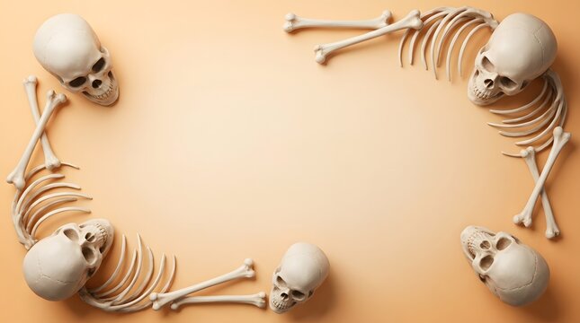 Halloween background with human skulls and skeleton bones arranged as a frame on orange surface