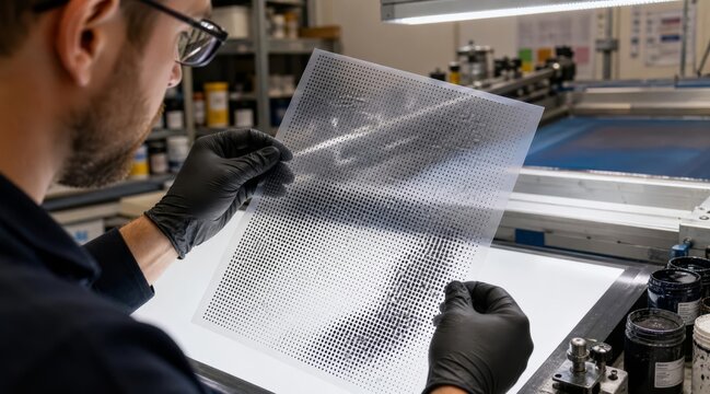 Print technician inspecting transparent halftone film