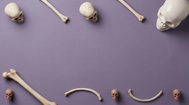 Flat lay composition of human skull and various bones arranged on a solid purple background