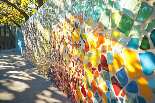 Colorful mosaic wall public park glass tile abstract pattern outdoor wall sunny walkway vibrant color art installation decorative surface public space