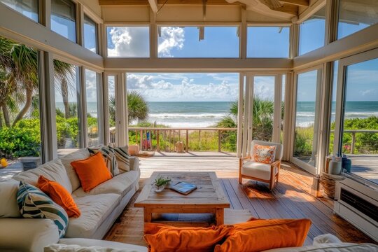 Coastal vacation home beach house ocean view large window living room wooden floor sofa chair deck sunlight interior seaside tropical sky horizon sea shore sand palm tree resort cabin house home