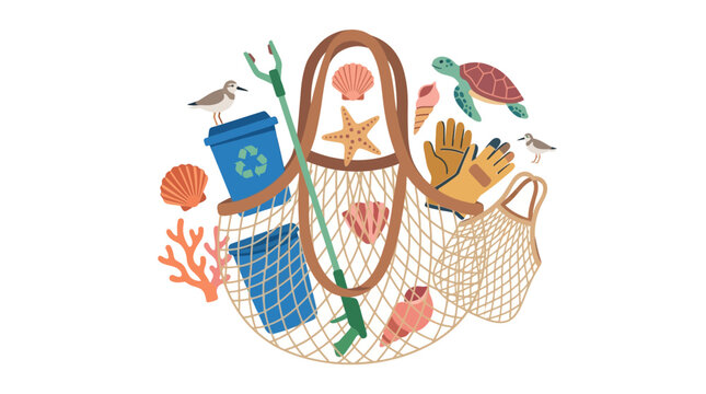 Ocean Cleanup Supplies: Net Bag with Trash Picker, Gloves, Bin, Shells, Starfish, Turtle, Birds