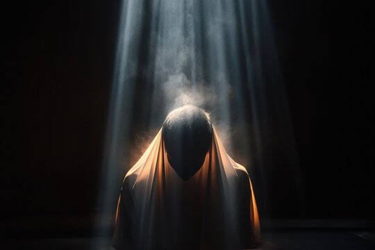 Faceless figure under light beam cloaked person in dark room mysterious human silhouette smoke shadow dramatic lighting isolated figure abstract concept