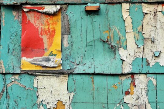 Cracked peeling painted wall texture with weathered turquoise wood and faded red yellow poster