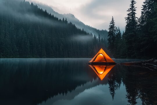 Tent lake forest mountain reflection fog pine night orange camping