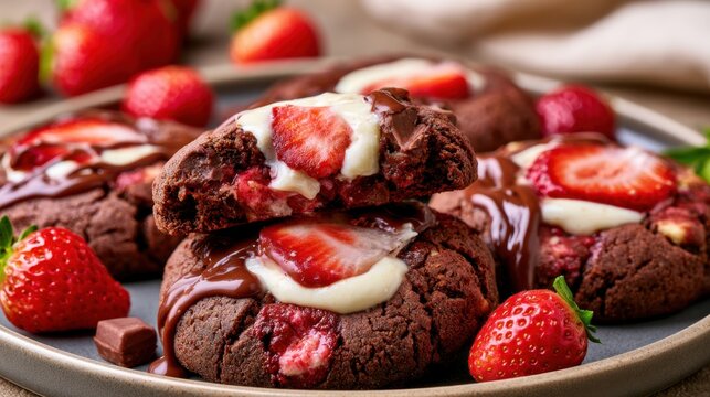 Delicious chocolate cookies filled with strawberries, drizzled with cream, on a neutral plate