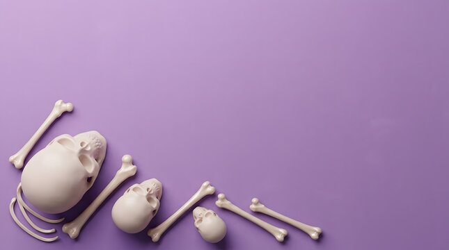 Human skulls and bones arranged on a solid purple background with empty space for text