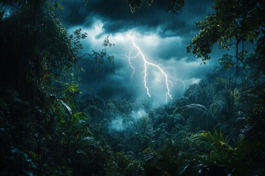 Thunderstorm over jungle with lightning, rain, and dark storm cloud