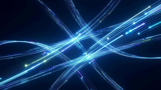 Glowing blue light trails flow and cross over a dark background with pulsing highlights. Lines and particles pulse with light diffusion effects, creating a dynamic digital energy flow.