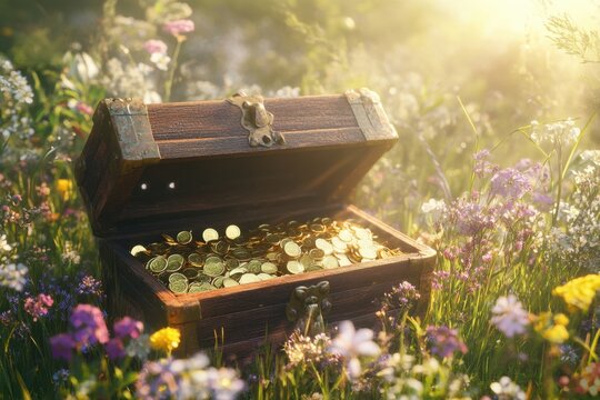 Open treasure chest golden coin meadow flower sunlight wooden chest grass field hidden treasure open lid metal latch fantasy scene