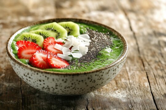 Green smoothie bowl strawberry kiwi chia seed coconut flake healthy breakfast fruit bowl vegan food