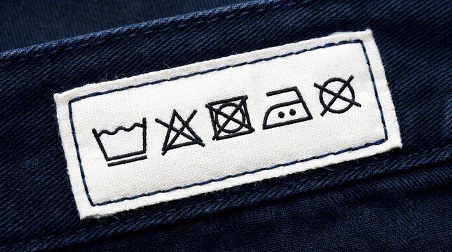 Detailed Close Up of Fabric Garment Label with Washing Instruction Icons White cloth apparel tag showing standard maintenance graphics and laundry instructions stitched onto textured material. 