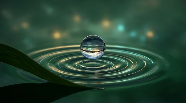 A single water droplet creates expanding ripples on a dark blurred water surface