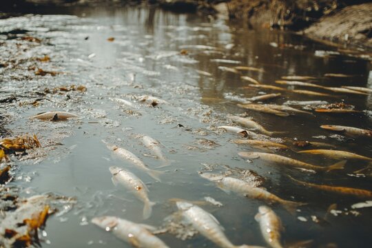 Polluted river with dead fish and chemical runoff in dirty water, environmental disaster