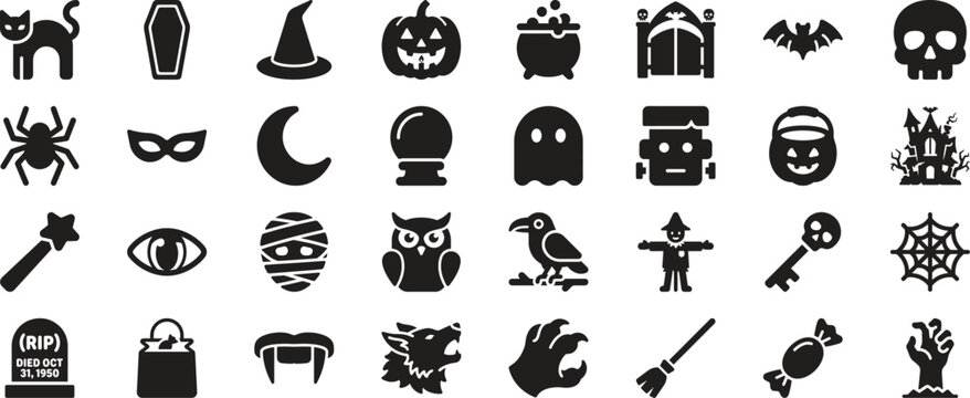 Set of Halloween icons featuring spooky symbols and creatures in a minimalist black and white silhouette flat design