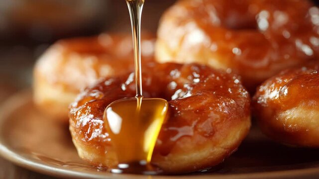 Closeup view of glazed donuts with sweet syrup being topped up shiny surface soft reflections focused lighting macro food realism