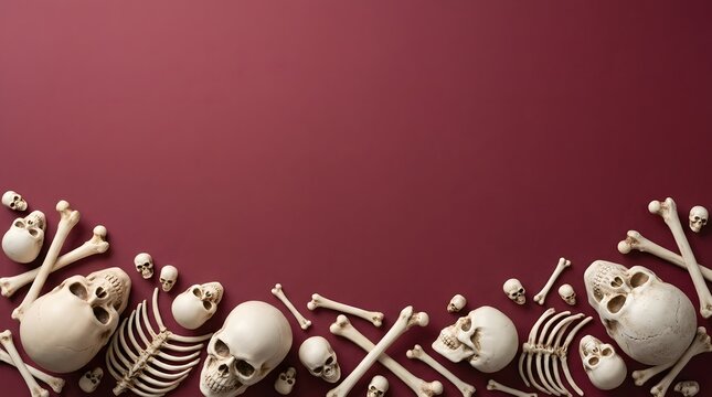 Top view of human skulls and bones arranged as a border on a dark red background