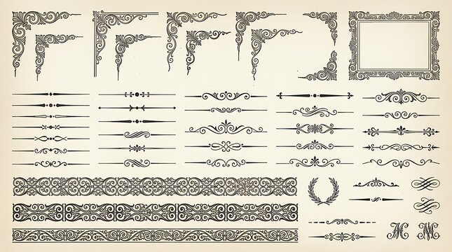 Antique ornamental line breaks elegant filigree edges and decorative flourishes Classic page separators Victorian scrollwork borders. Marriage announcement nostalgic frame accents restaurant menu