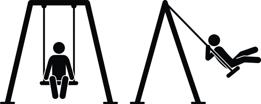 Children playground swing set black stick figure icon vectors showing side view and front view silhouette layouts