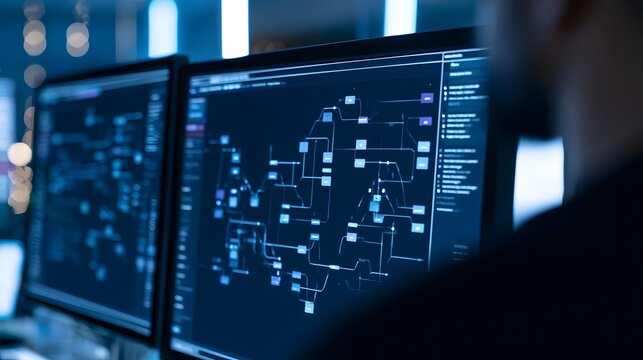 Person viewing a complex data flow diagram on dual computer monitors in a modern tech workspace with ambient blue lighting