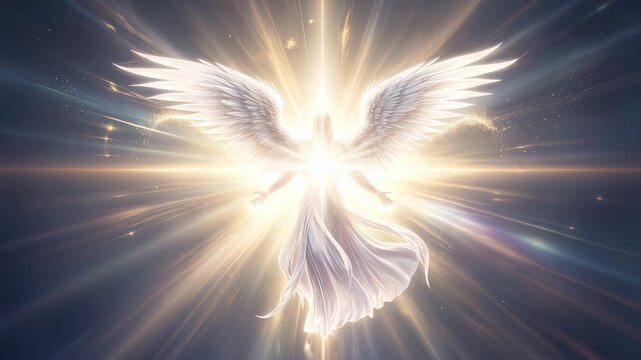 Divine celestial figure with large white wings glowing in radiant light. Lockdown wide shot.