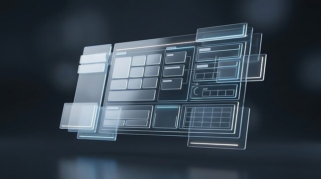 Futuristic transparent digital server rack with glowing components.