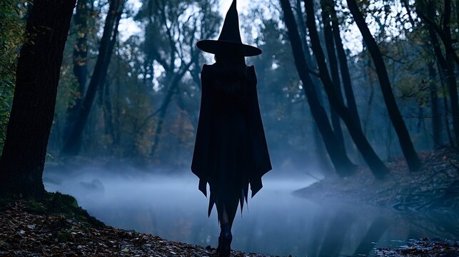 Witch walking through misty forest beside dark water