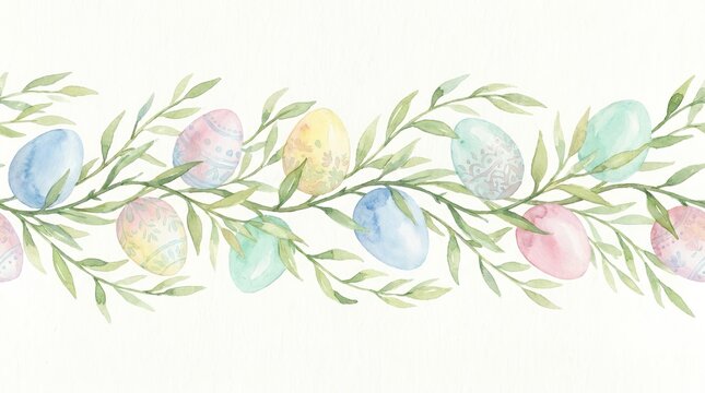Beautiful watercolor seamless horizontal trim featuring pastel holiday eggs nestled among green leafy willow branches on a clean white backdrop watercolor easter egg willow sprig leaf green