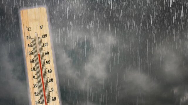 Thermometer with high temperature against the background of pitch black sky and lightning strikes. Storm concept. Extreme weather. Weather changes. Effects of global warming	