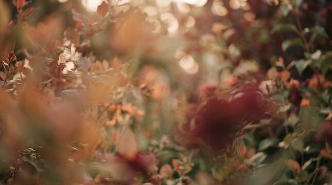 Muted amber and crimson botanical wash with soft ethereal illumination. Out of focus summer garden tones blending together to form a gentle atmospheric substrate for artistic layout presentations.