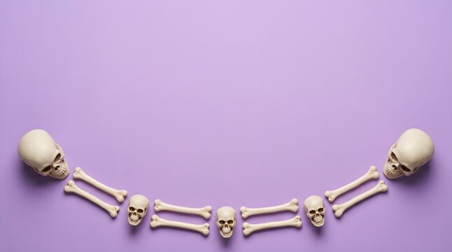 A row of small human skulls and bones arranged in a curved line on a solid purple background