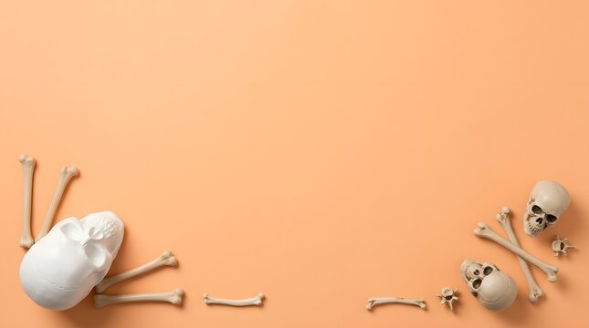 Human skulls and scattered bones arranged as a decorative frame on a soft pastel orange background