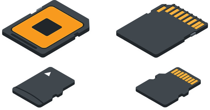 Isometric flash memory storage device vector set including micro sd cards and secure digital media adapters layouts