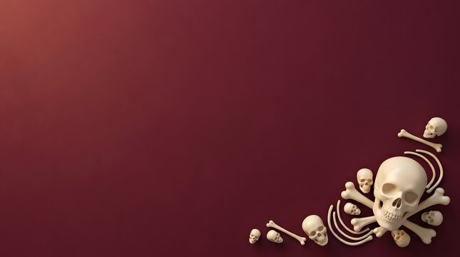 Dark red background with a decorative corner arrangement of human skulls and bones for halloween design