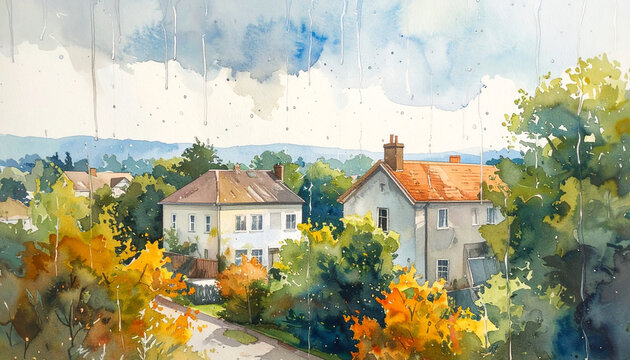 Watercolor houses landscape painting