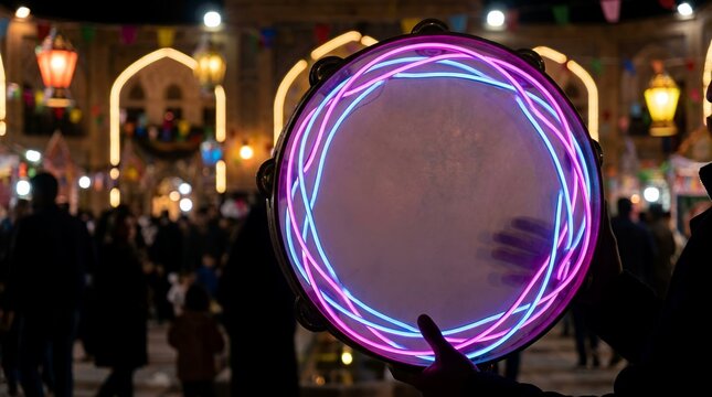 Traditional celebratory hand percussion instrument illuminated in glowing neon pink and blue lines for holy month festivities  drum neon light festival celebration holiday element