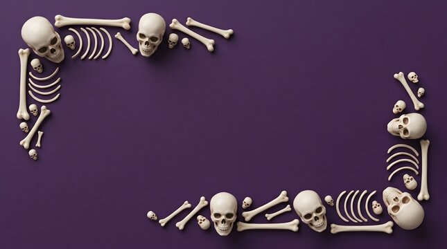 Halloween background with human skulls and bones arranged in a frame on a dark purple surface