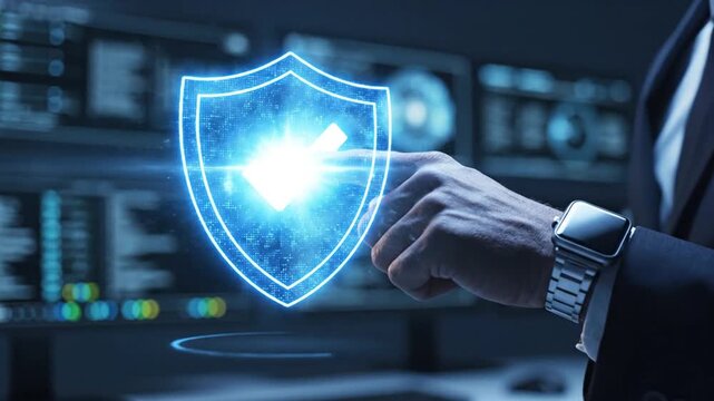 Businessman touching digital shield icon with checkmark in high tech data center